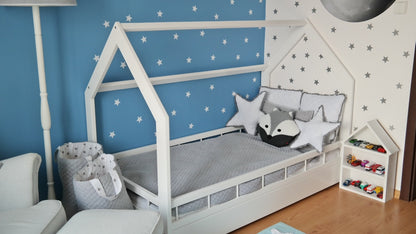 Toddler Wooden House Bed with Barriers & Premium Mattress