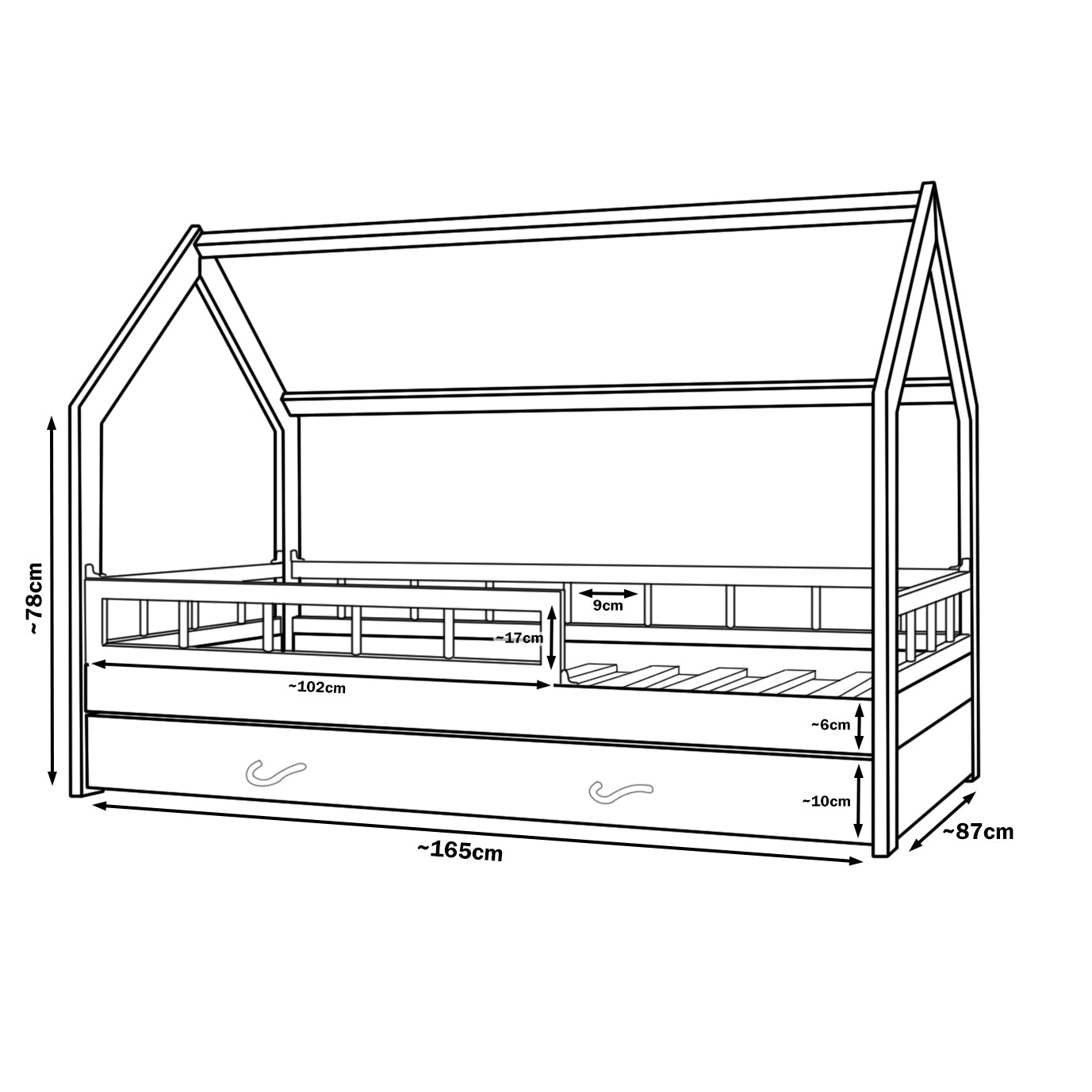 Toddler Wooden House Bed with Drawers