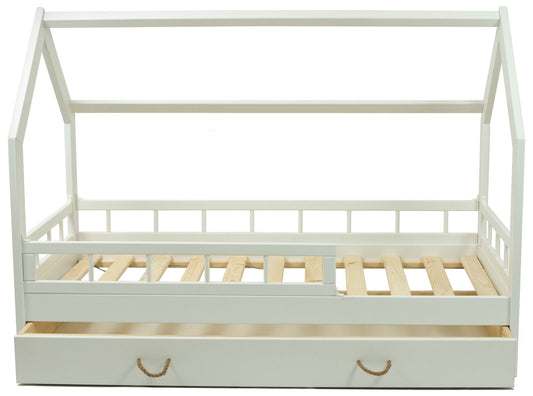 Toddler Wooden House Bed with Barrier & Drawers