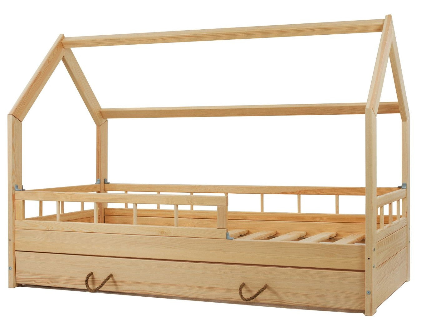 Toddler Wooden House Bed with Barrier & Drawers