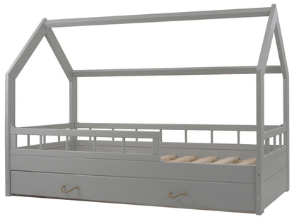 Toddler Wooden House Bed with Barrier & Drawers