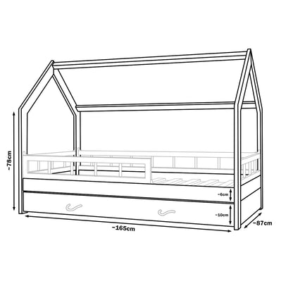 Toddler Wooden House Bed with Barrier & Drawers